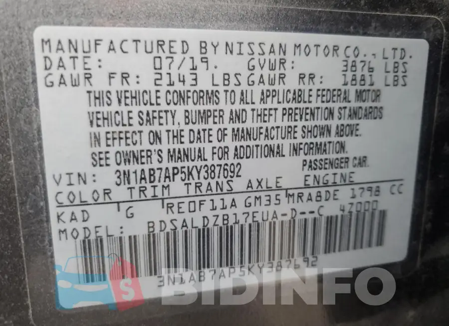 3N1AB7AP5KY387692 Photo# 13