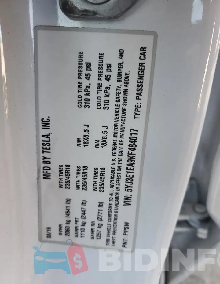 5YJ3E1EA9KF484017 Photo# 12