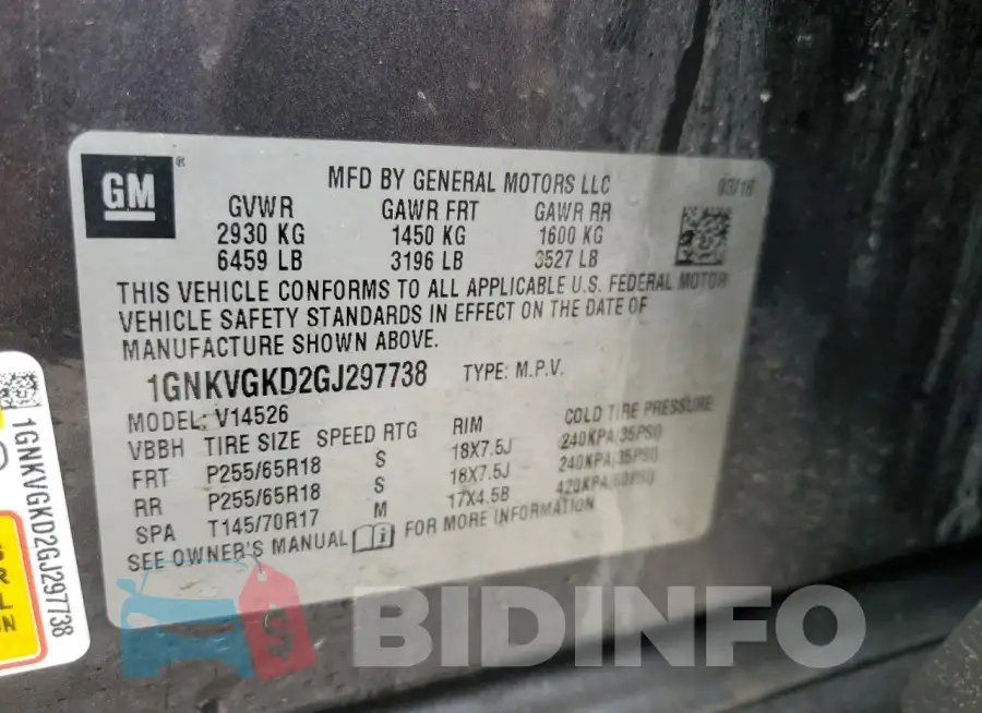 1GNKVGKD2GJ297738 Photo# 13