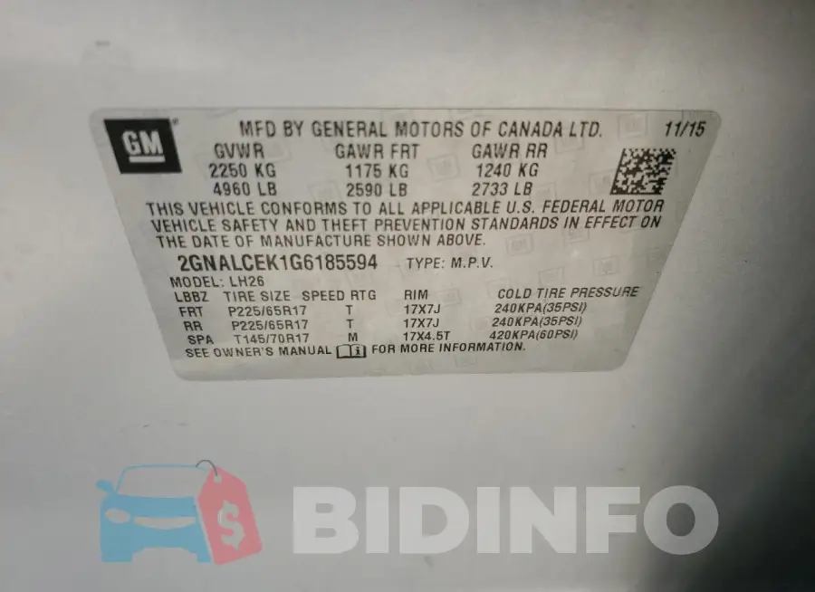 2GNALCEK1G6185594 Photo# 13