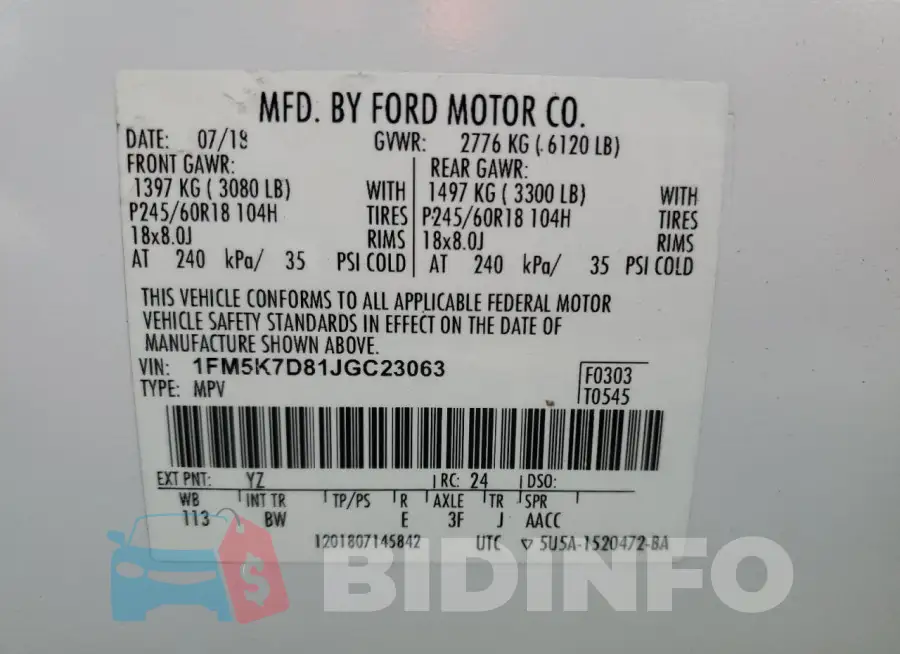 1FM5K7D81JGC23063 Photo# 14