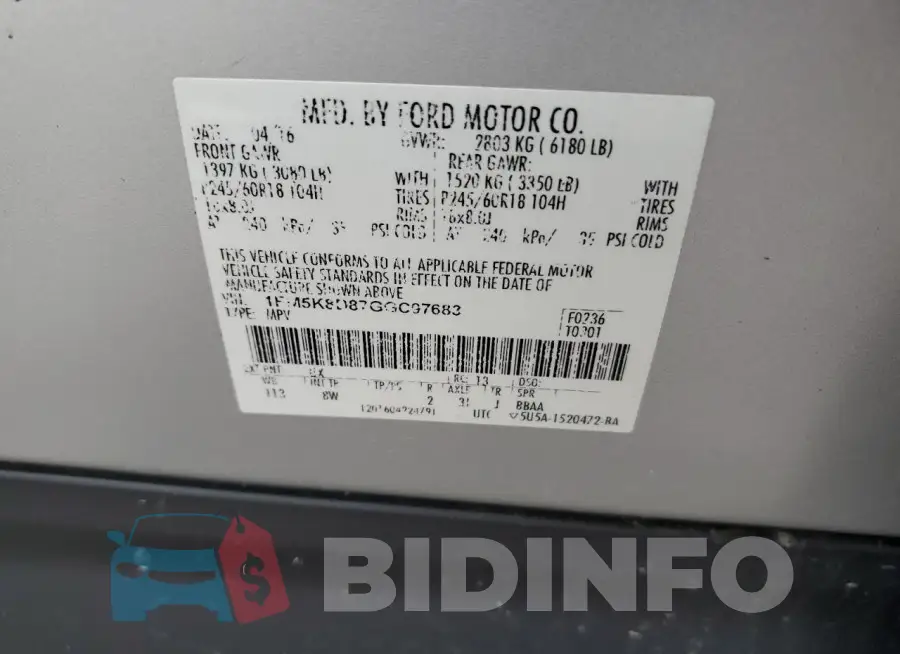 1FM5K8D87GGC97683 Photo# 13