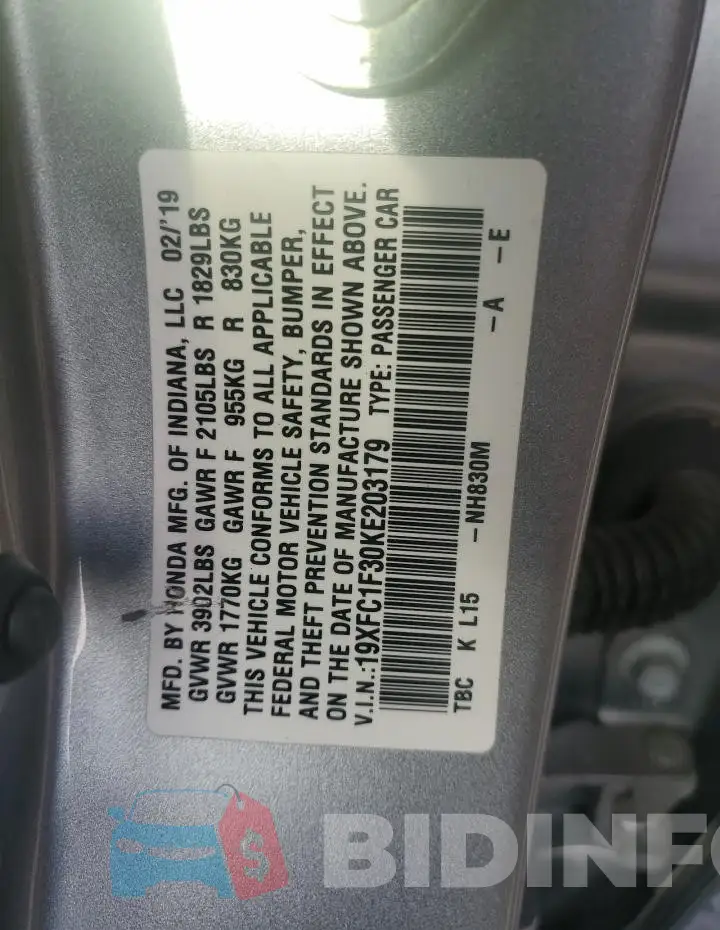 19XFC1F30KE203179 Photo# 12
