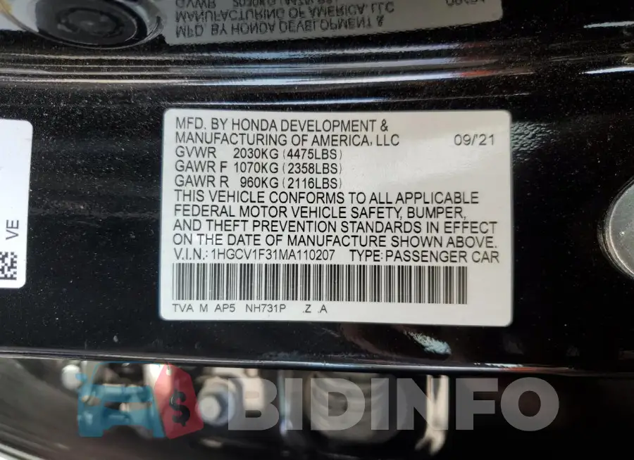 1HGCV1F31MA110207 Photo# 12