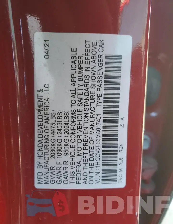 1HGCV2F36MA017401 Photo# 12