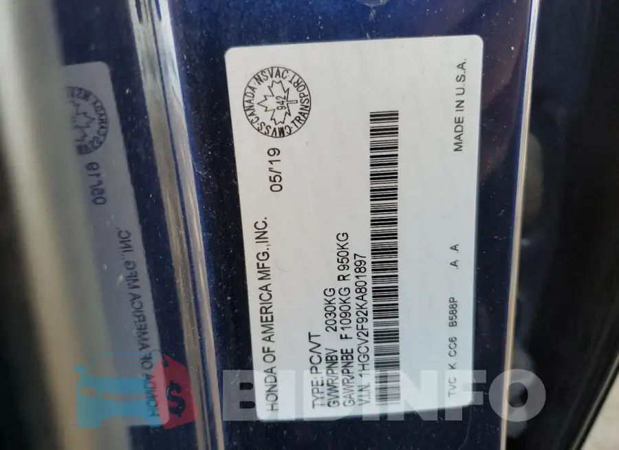 1HGCV2F92KA801897 Photo# 13