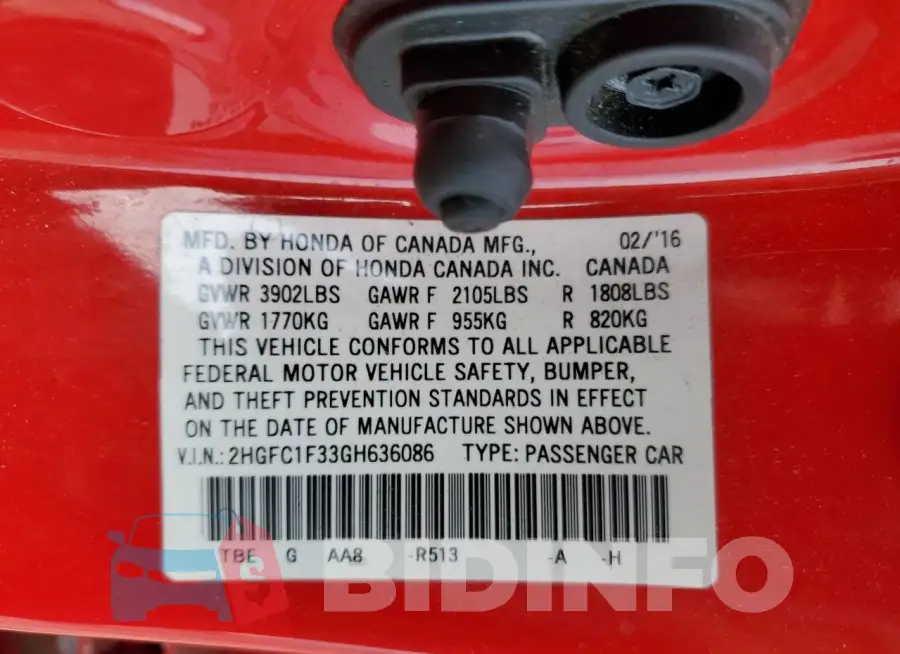 2HGFC1F33GH636086 Photo# 12