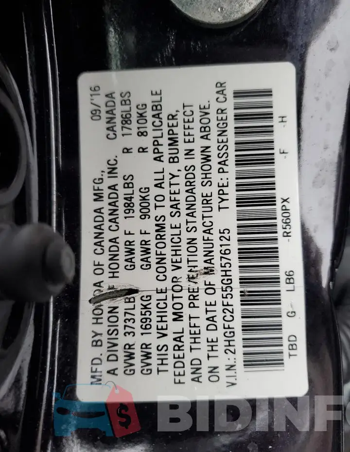 2HGFC2F55GH576125 Photo# 13