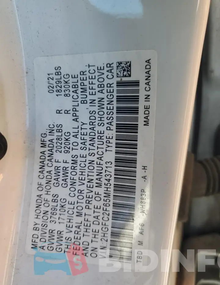 2HGFC2F65MH543713 Photo# 12