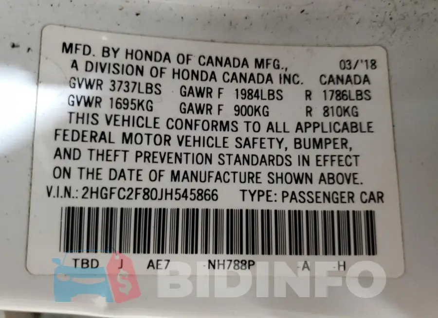 2HGFC2F80JH545866 Photo# 12
