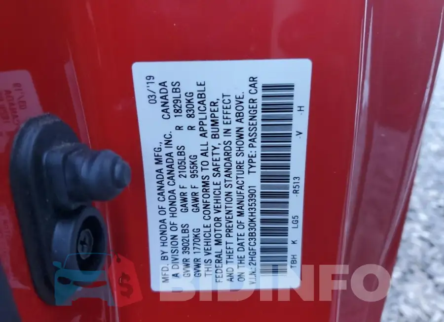 2HGFC3B30KH353901 Photo# 12