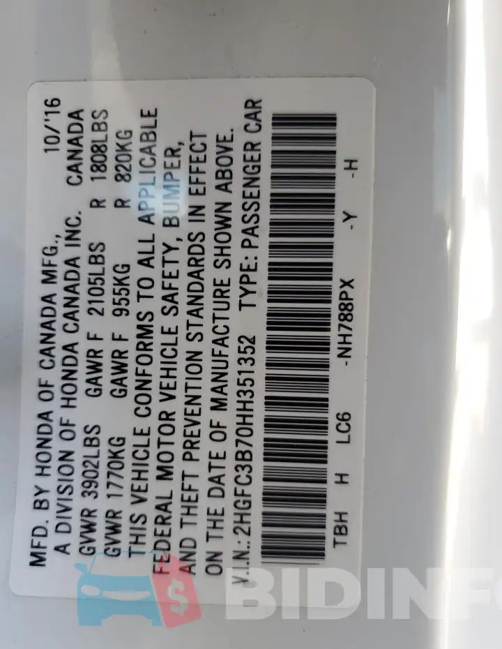 2HGFC3B70HH351352 Photo# 12