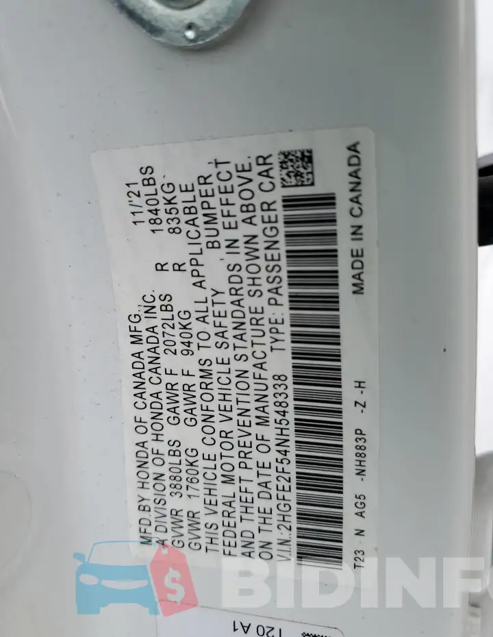2HGFE2F54NH548338 Photo# 13