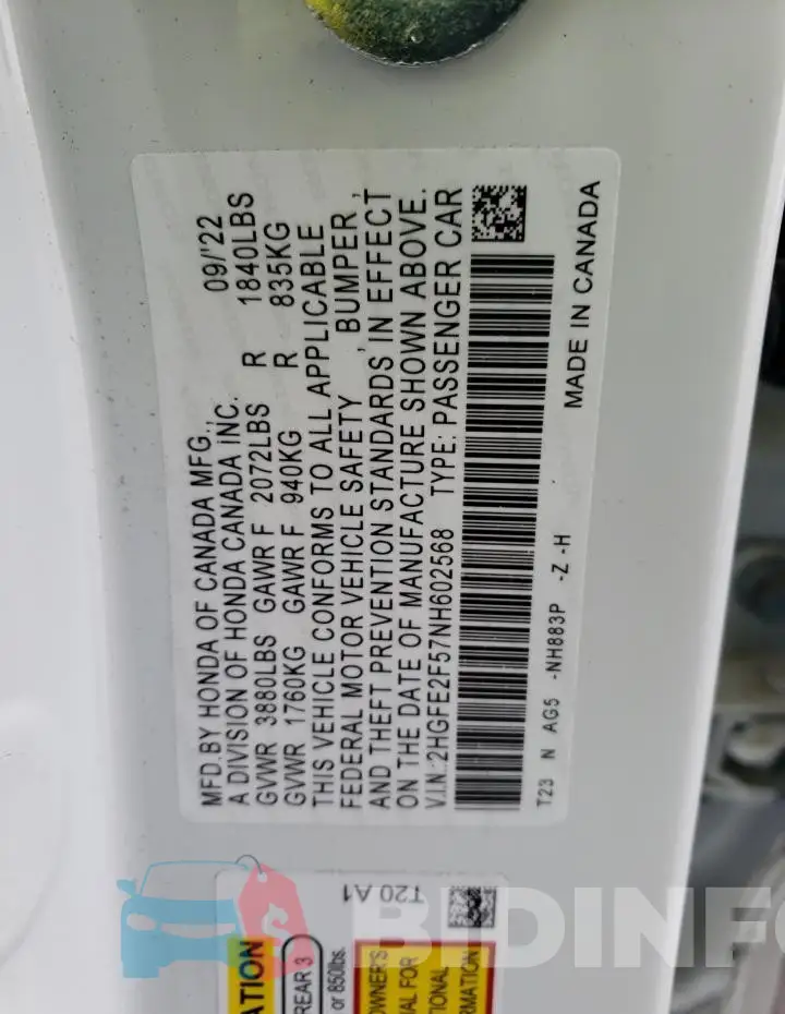 2HGFE2F57NH602568 Photo# 13