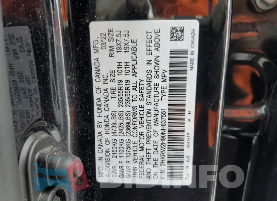 2HKRW2H90NH637551 Photo# 12
