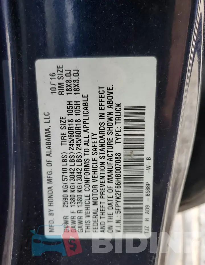 5FPYK2F66HB007088 Photo# 13