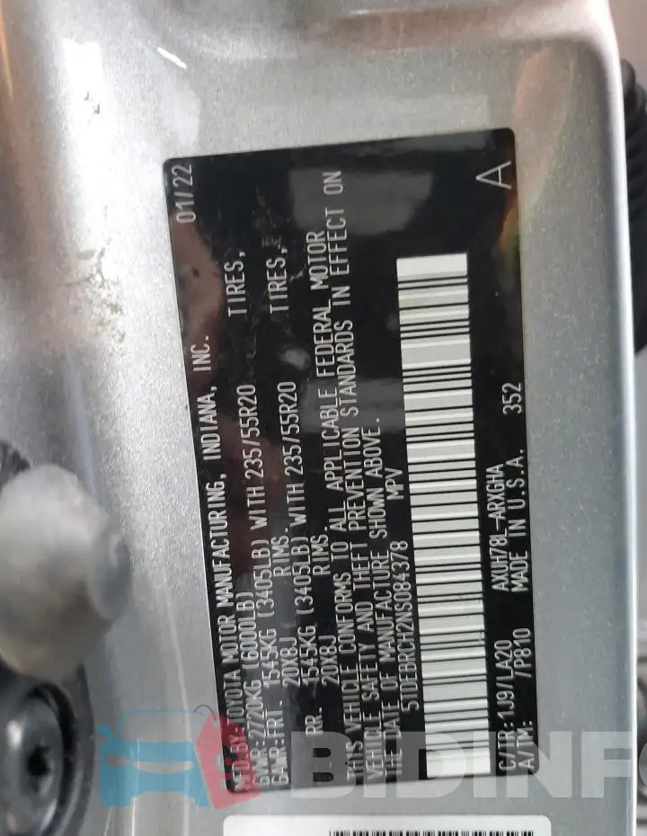 5TDEBRCH2NS084378 Photo# 13