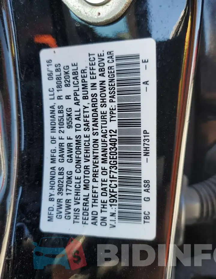 19XFC1F73GE034012 Photo# 13