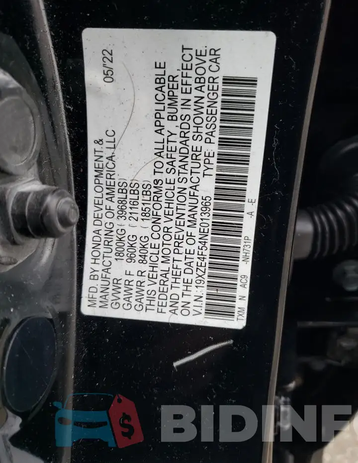 19XZE4F54NE013965 Photo# 12