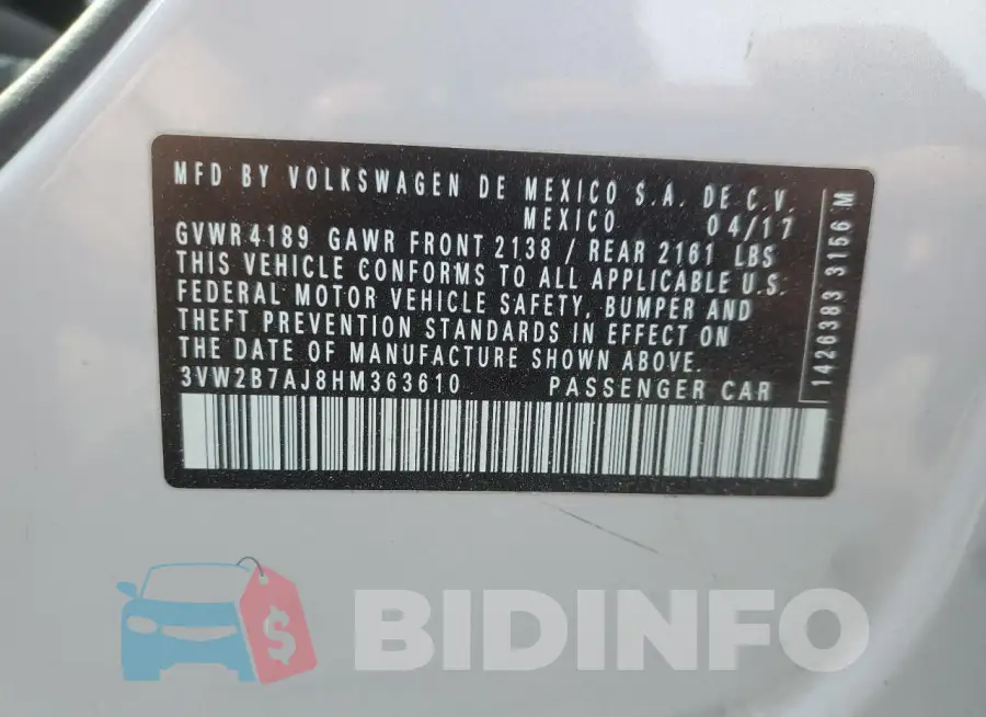 3VW2B7AJ8HM363610 Photo# 12