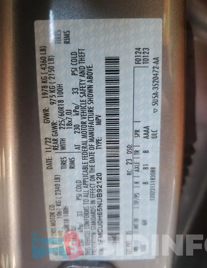 1FMCU0H65NUB92120 Photo# 13