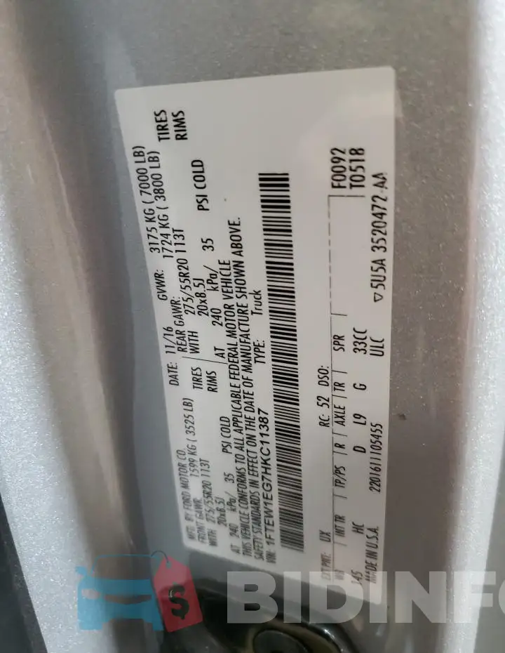 1FTEW1EG7HKC11387 Photo# 13