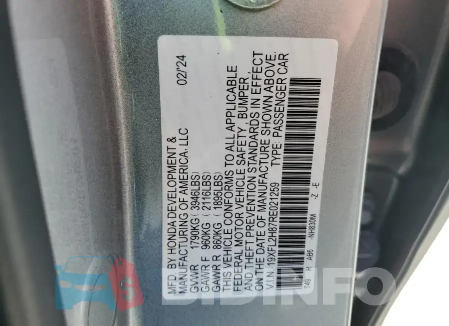 19XFL2H87RE021259 Photo# 12