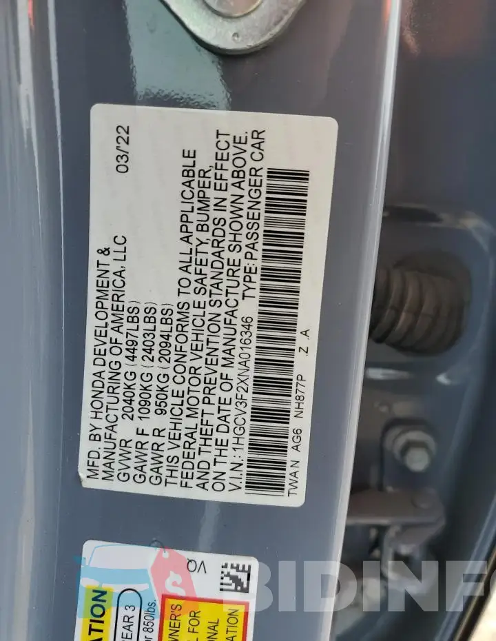 1HGCV3F2XNA016346 Photo# 13