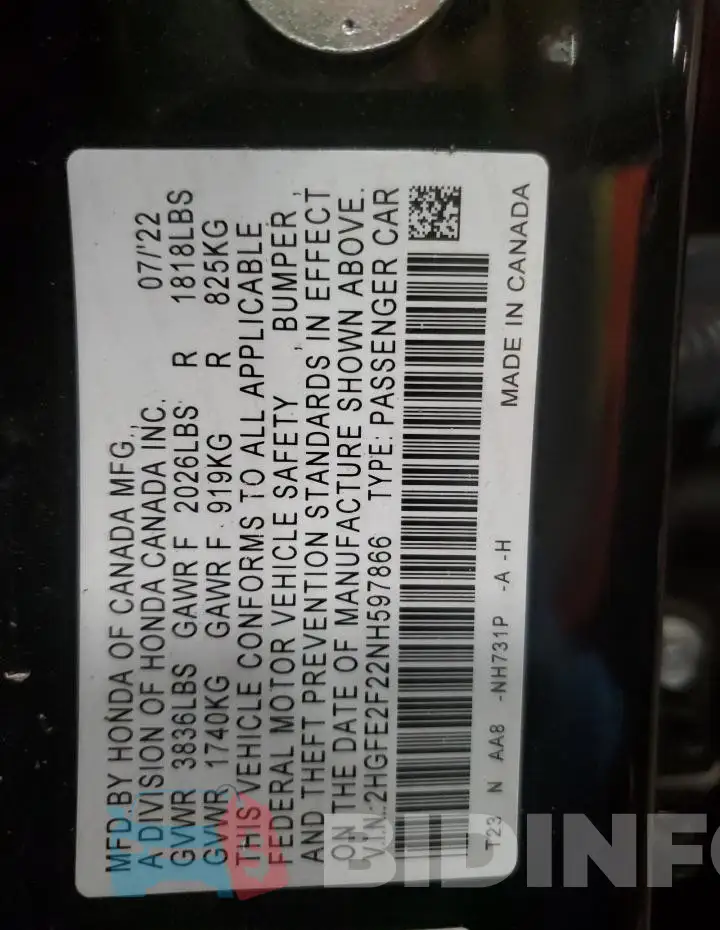 2HGFE2F22NH597866 Photo# 13