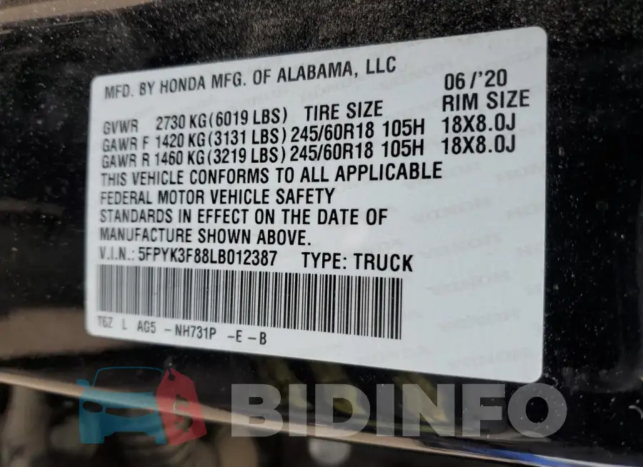 5FPYK3F88LB012387 Photo# 13
