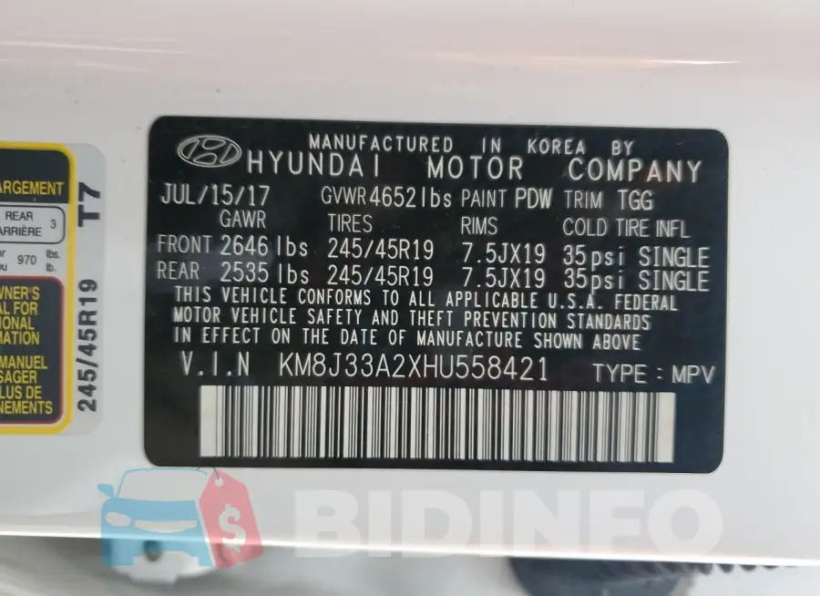 KM8J33A2XHU558421 Photo# 14