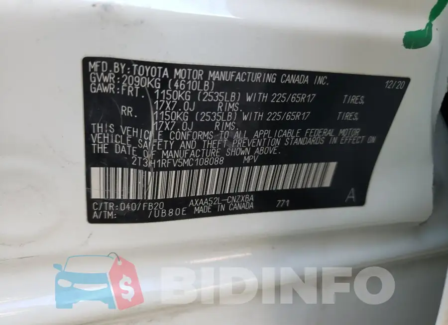2T3H1RFV5MC108088 Photo# 14