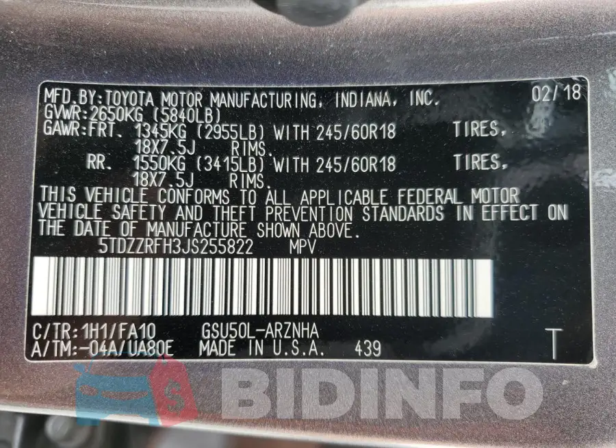 5TDZZRFH3JS255822 Photo# 14