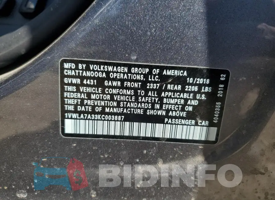 1VWLA7A33KC003887 Photo# 12