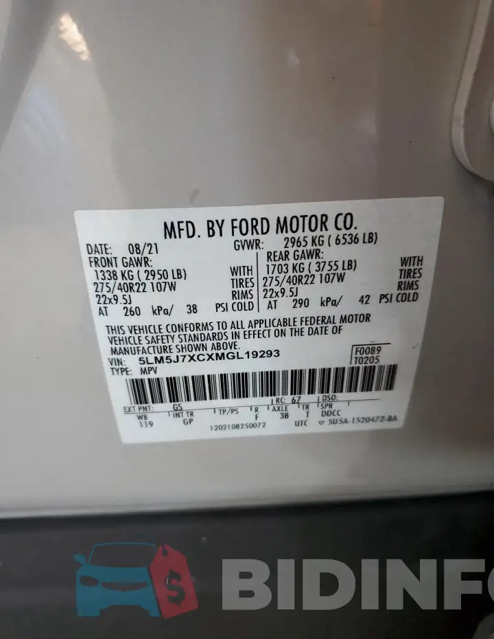 5LM5J7XCXMGL19293 Photo# 14