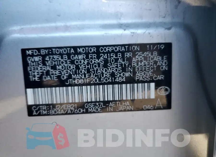 JTHD81F20L5041484 Photo# 12