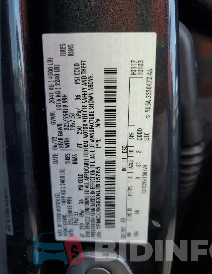 1FMCU9G6XNUB15765 Photo# 14