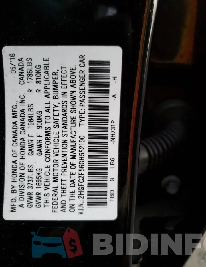 2HGFC2F56GH552190 Photo# 12