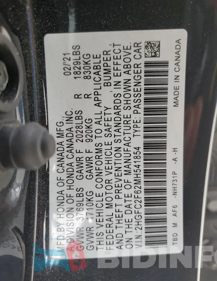 2HGFC2F62MH541854 Photo# 12