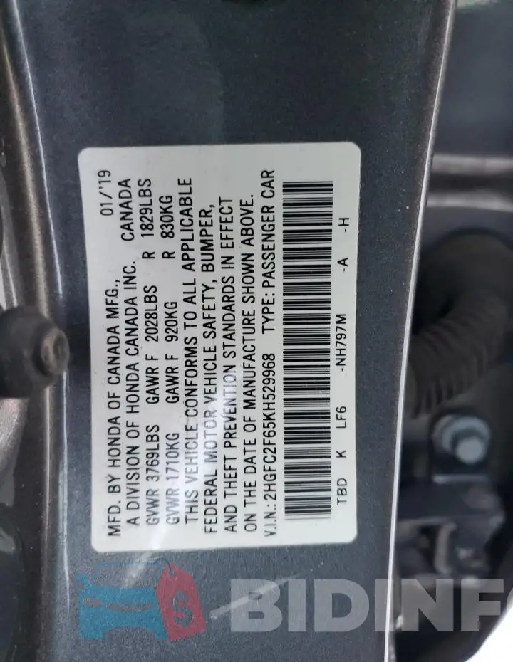 2HGFC2F65KH529968 Photo# 12