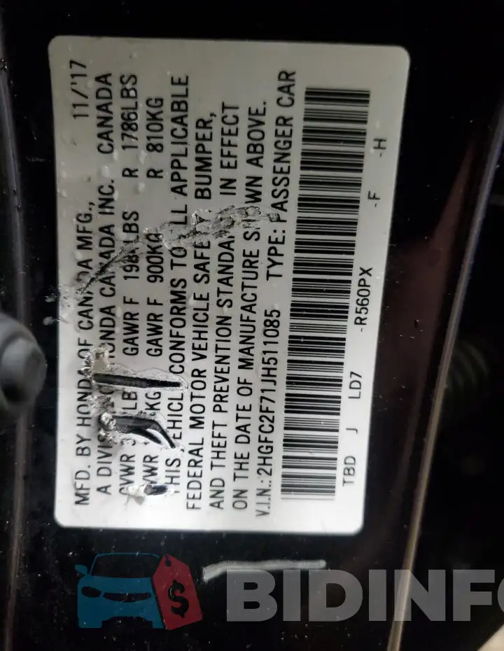 2HGFC2F71JH511085 Photo# 12