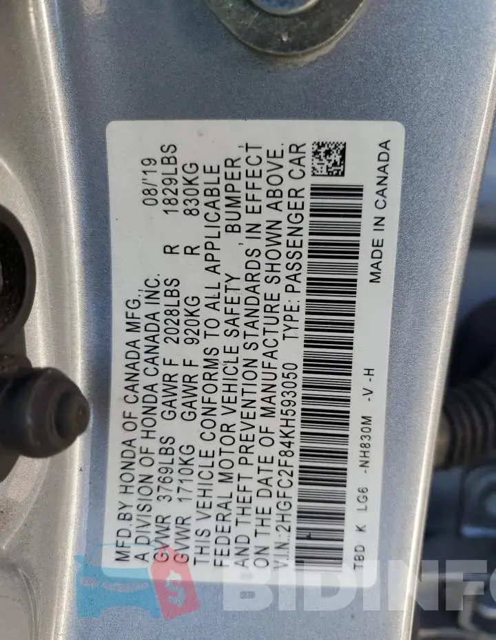 2HGFC2F84KH593050 Photo# 13