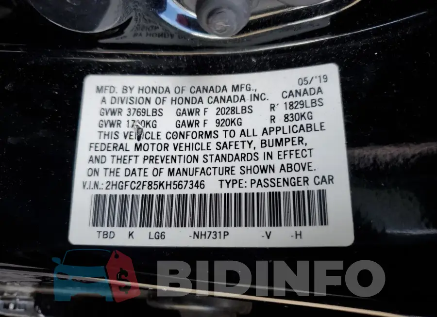 2HGFC2F85KH567346 Photo# 12