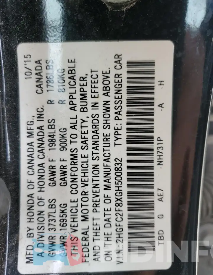 2HGFC2F8XGH500832 Photo# 12