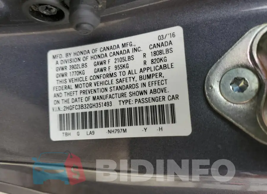 2HGFC3B32GH351493 Photo# 12