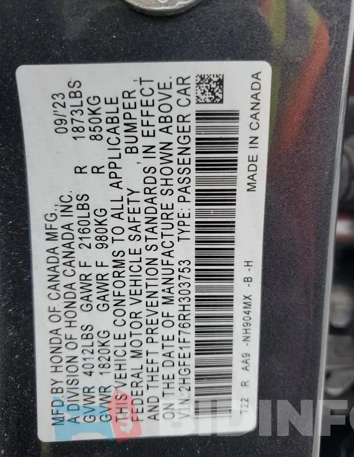 2HGFE1F76RH303753 Photo# 12