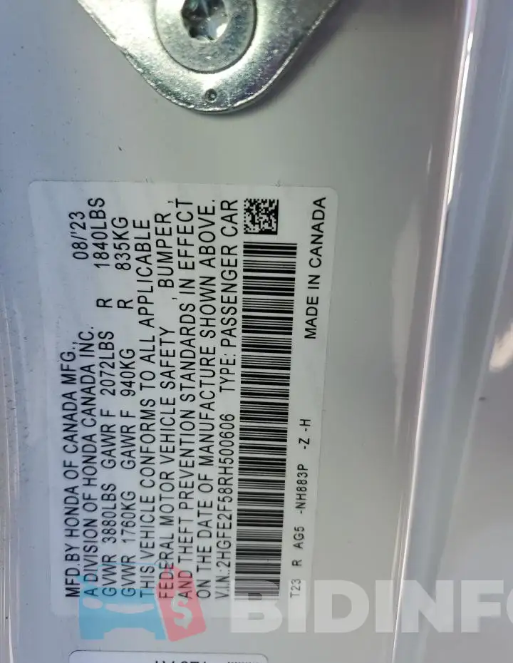 2HGFE2F58RH500606 Photo# 13