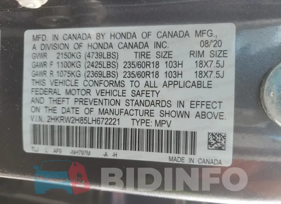 2HKRW2H85LH672221 Photo# 13