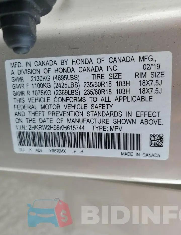 2HKRW2H96KH615744 Photo# 13