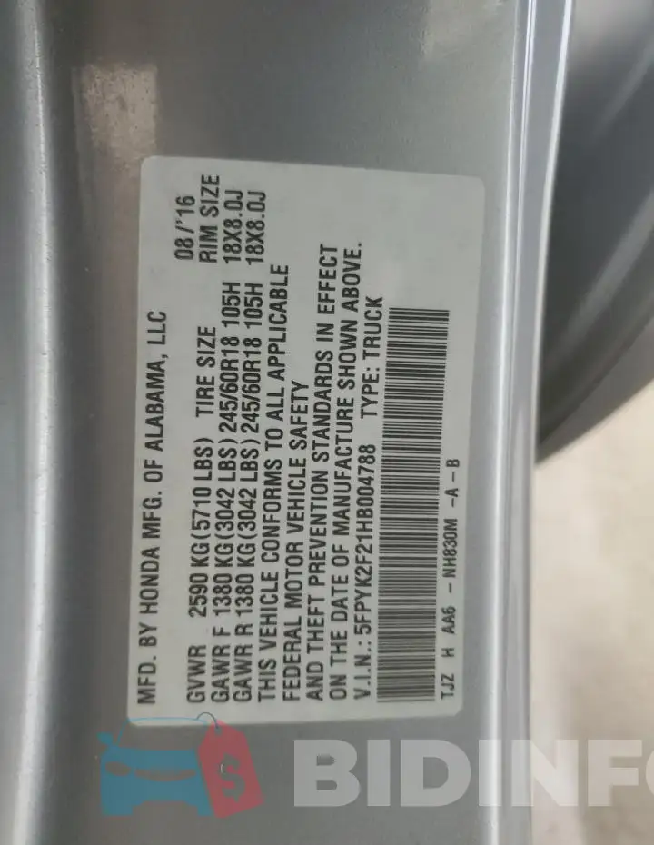 5FPYK2F21HB004788 Photo# 12